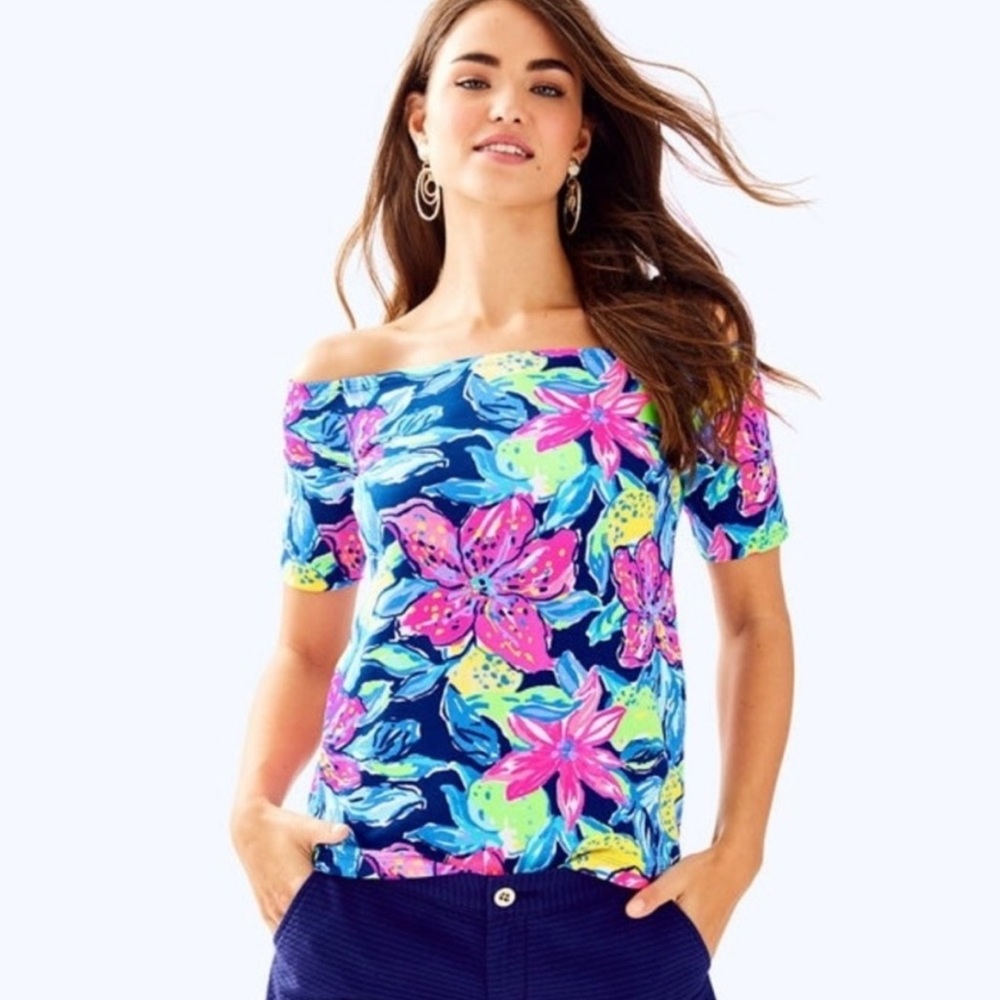 Lilly Pulitzer Keira Off the Shoulder Top Pink, blue, yellow, green size MEDIUM